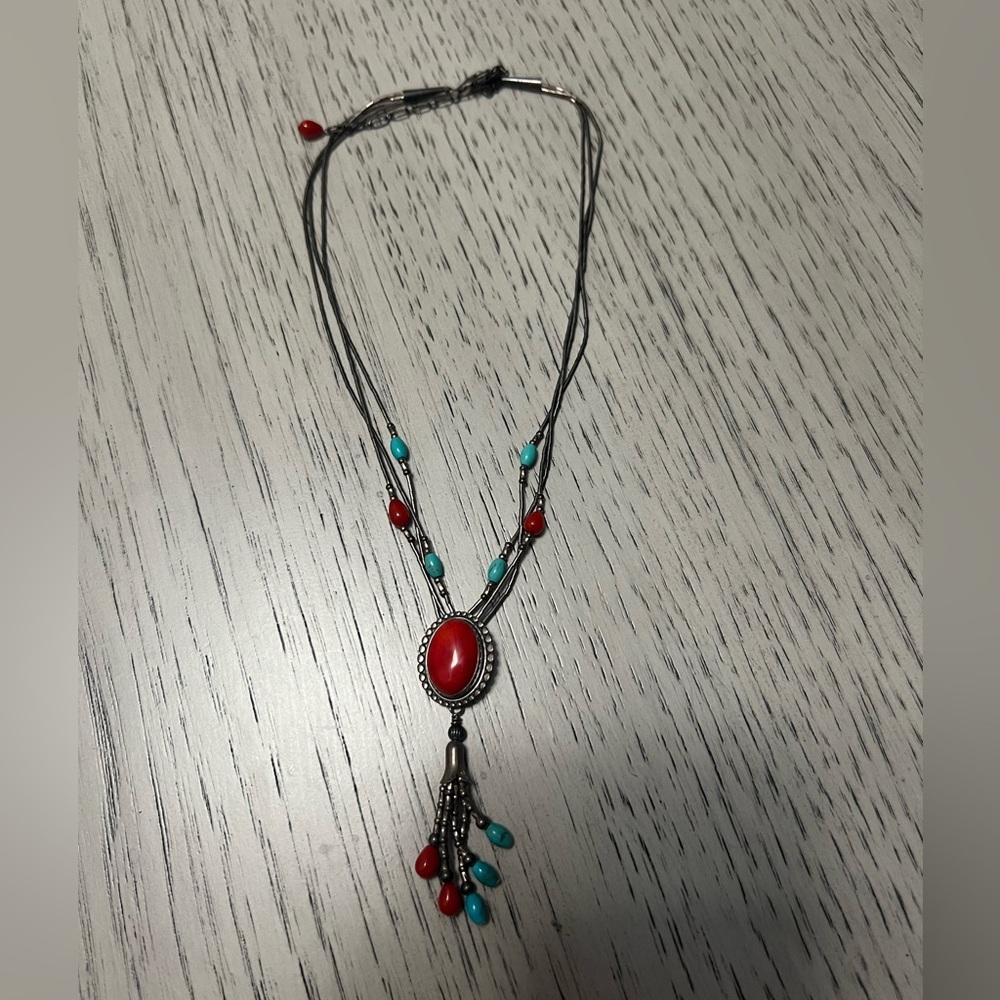 Vibrant Red and Blue Turquoise Beaded Necklace with Tassel